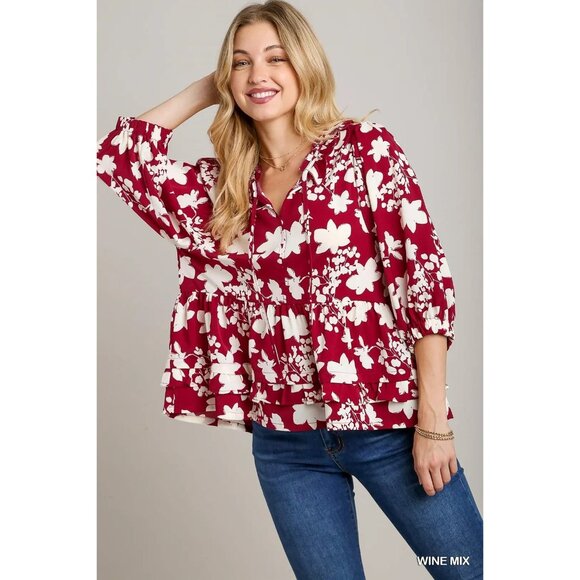 Umgee Wine/White Floral Printed Balloon Sleeve Top with Ruffle Detail~SMALL - Picture 3 of 7